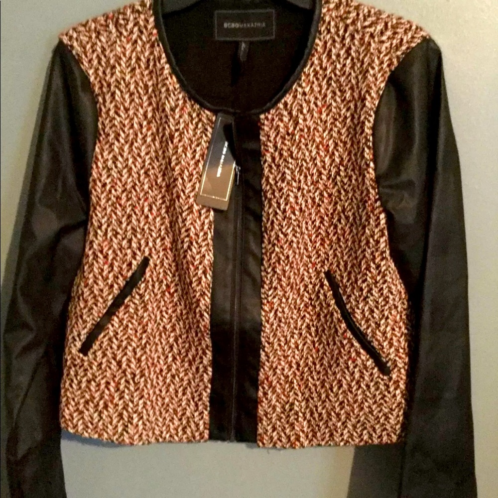 BCBG Max Azria Womens Black Faux Leather Tweed Skirt Jacket Set Mini 2 Piece Two